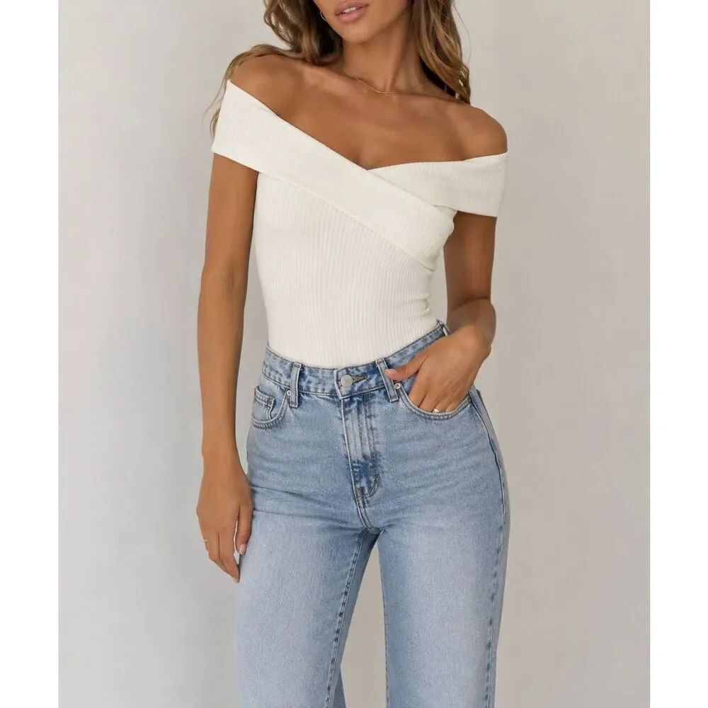 Abercrombie & Fitch White Ribbed Off Shoulder Bodysuit XS
